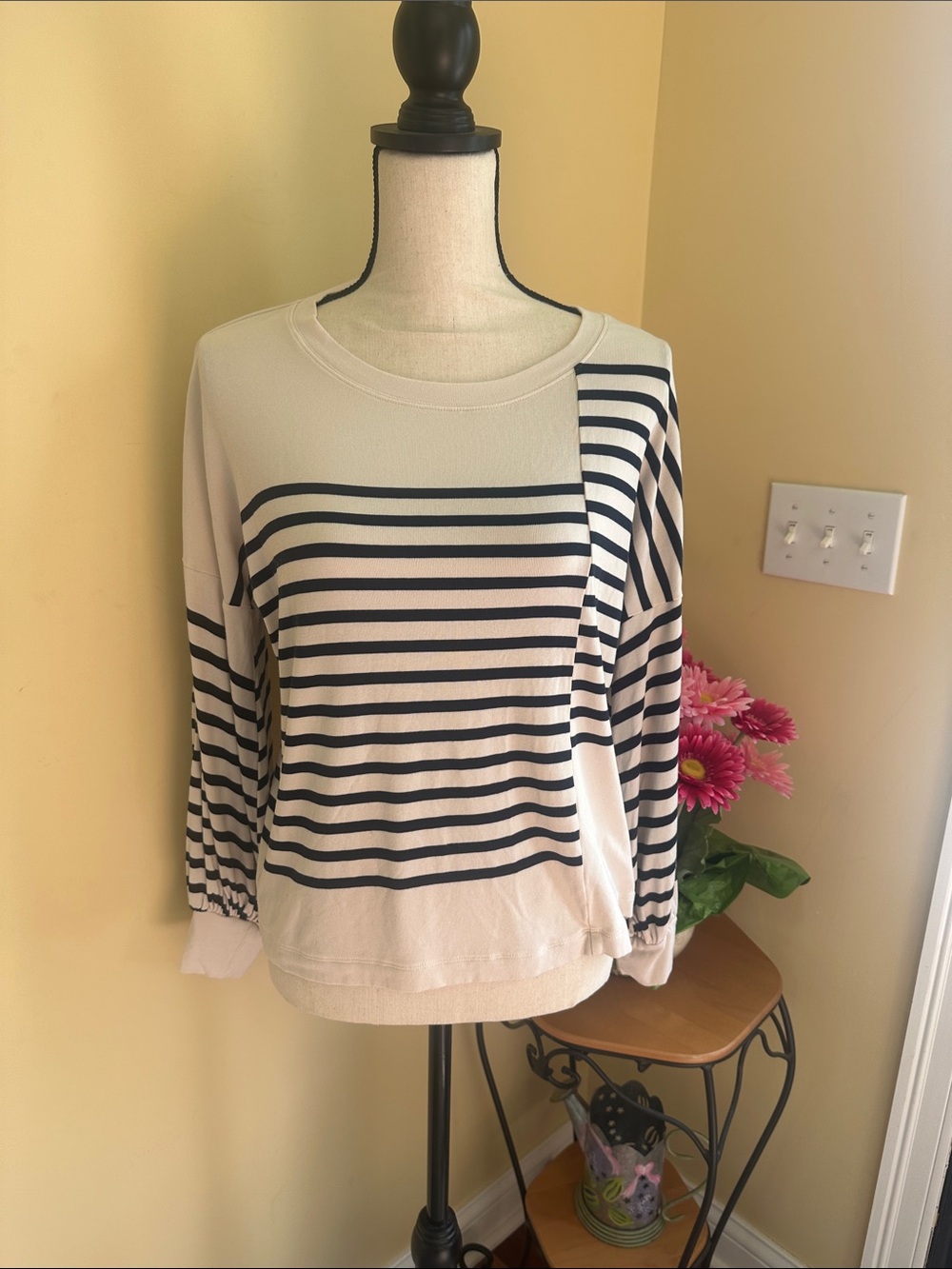 CAbi Cream and Black Striped Long-Sleeve Crewneck